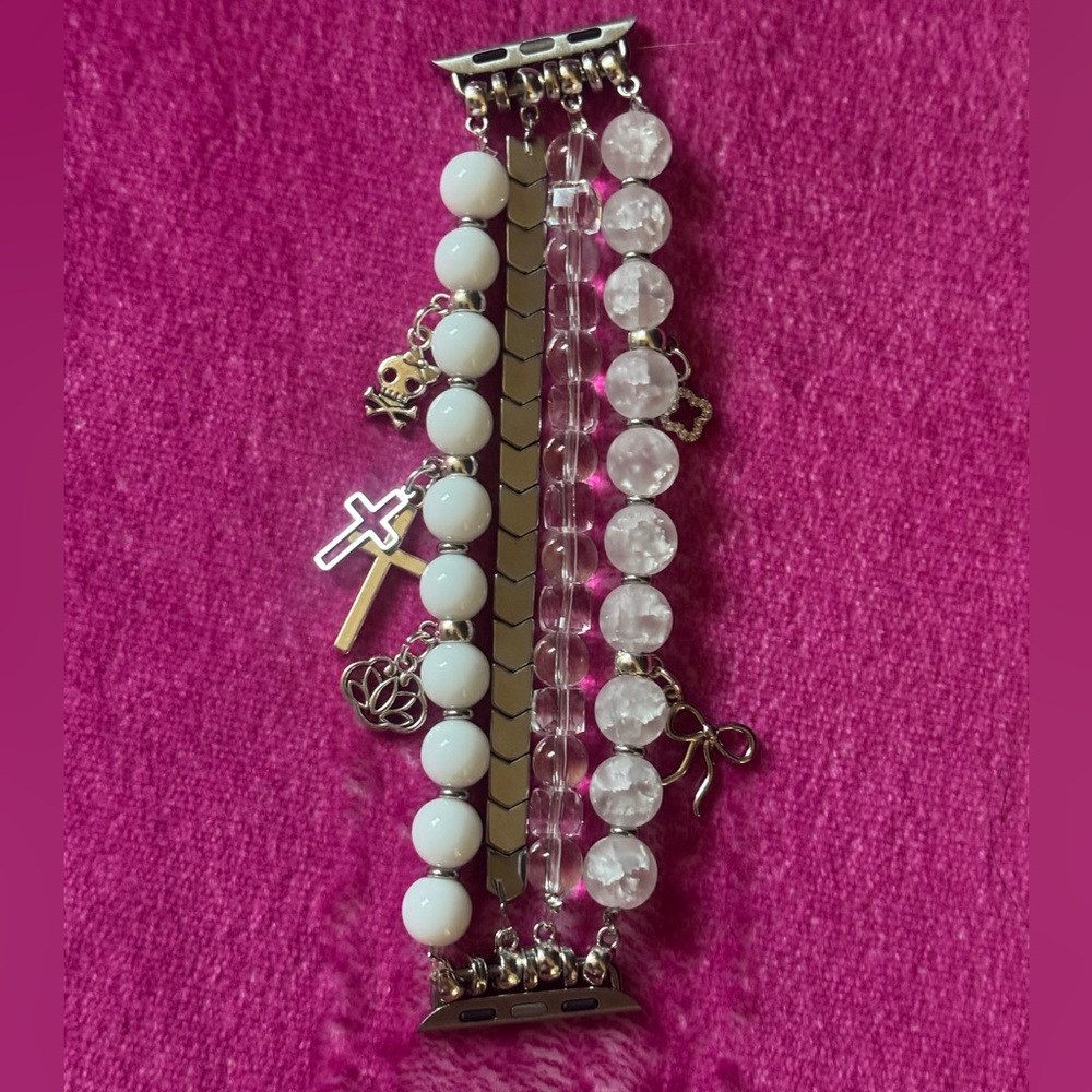 Elegant Silver and White Charm Apple Watch Band with glass and stone beads
